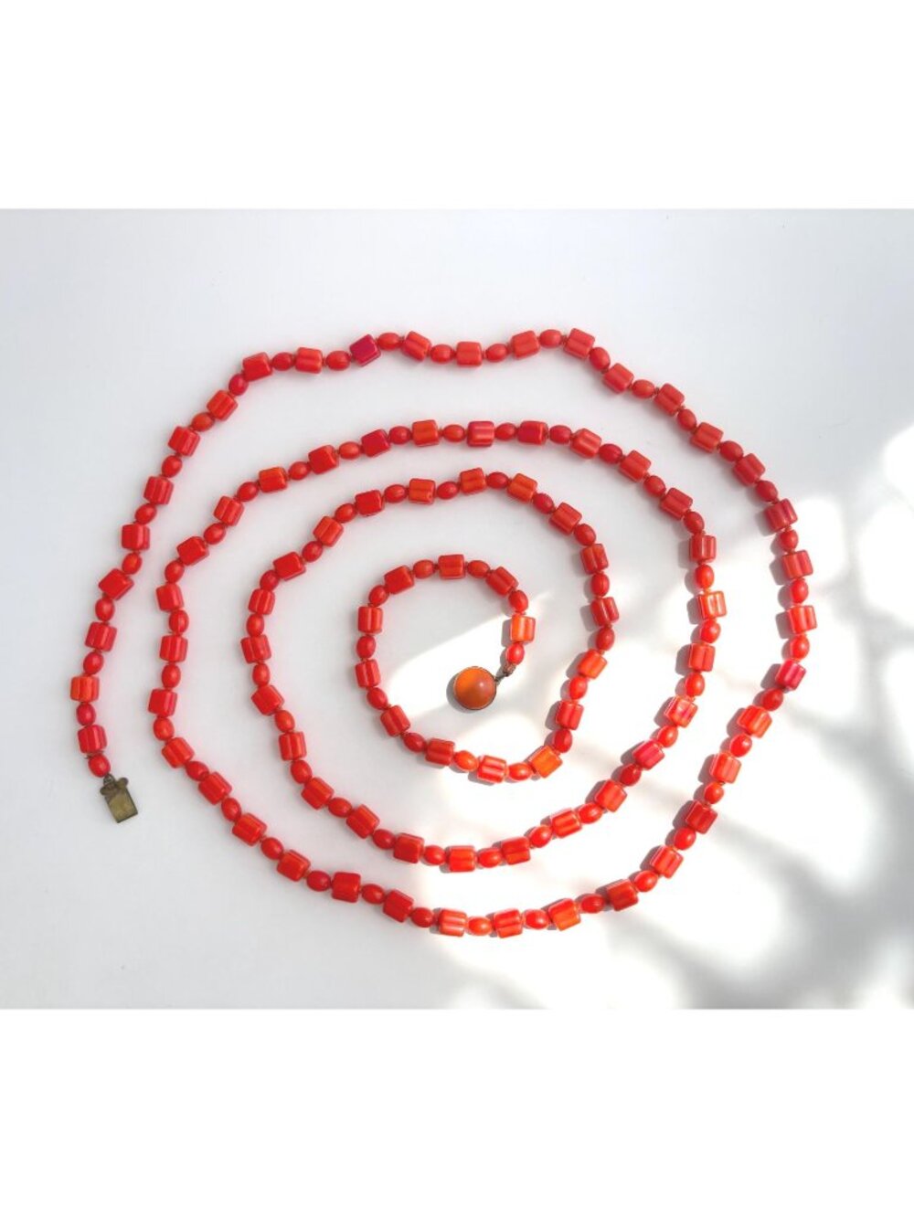 German Made Faux Coral Orange Beaded Ultra Long Chunky 80's Vintage Necklace